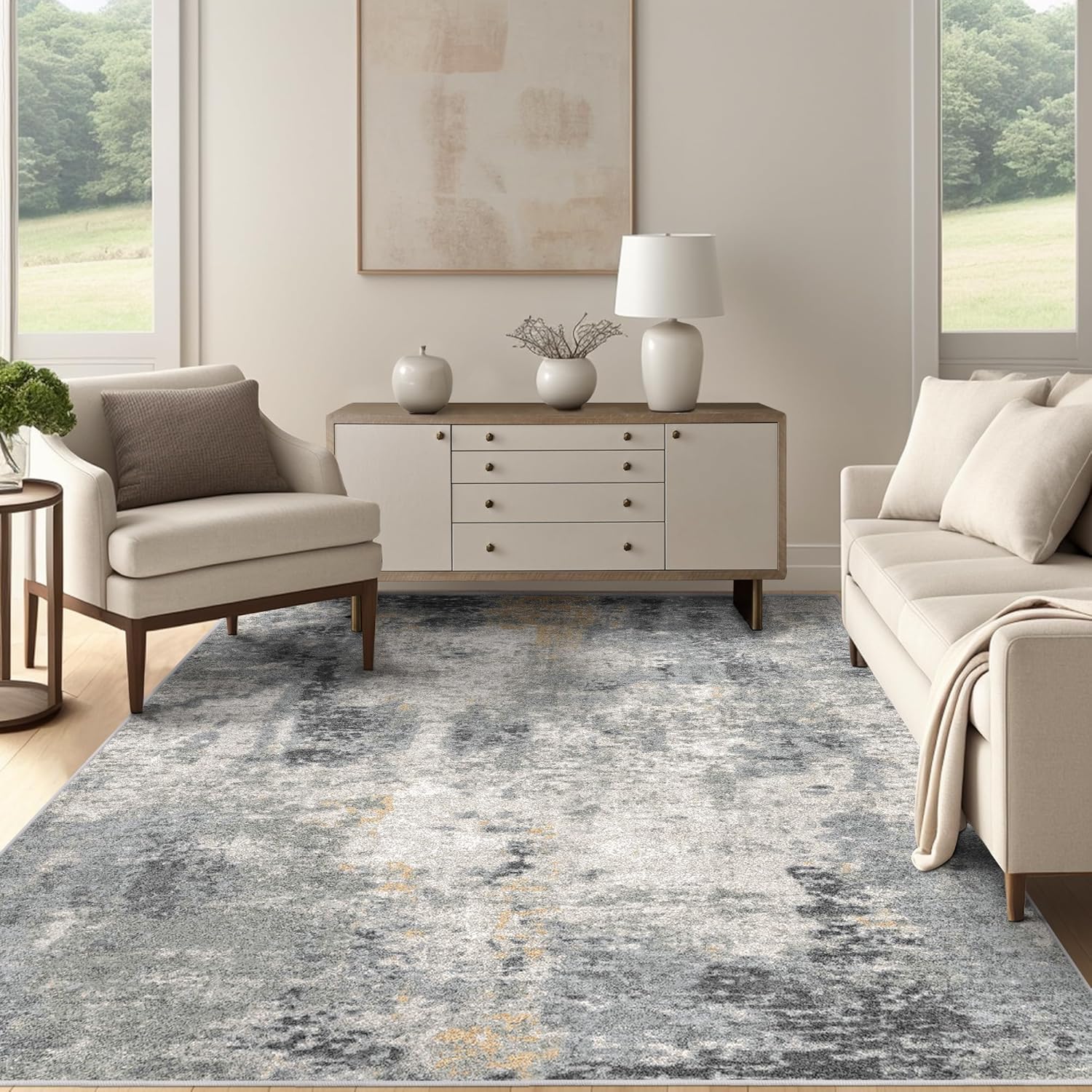 Deerly Grey/Gold Area Rug, 5'x7', Modern Abstract, Low Pile, Machine Washable, Non Slip, Faux Wool Rug for Living Room, Bedroom, Entryway, Bathroom, Dining Room