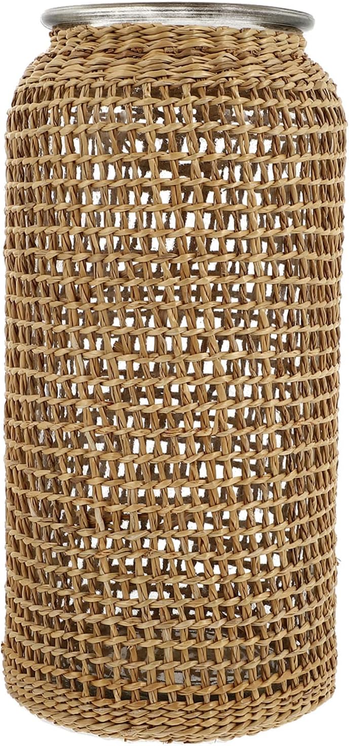 Cabilock Light Yellow Glass Flower Vase with Rattan Cover, 8"