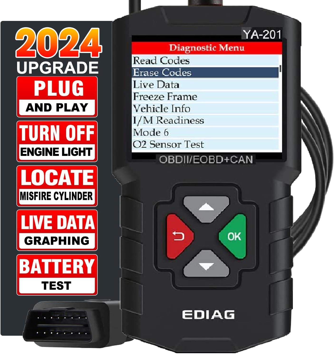 EDIAG YA-201 Obd2 Scanner, Full OBD2 Modes Check Engine Code Reader After 1996 All OBDII/EOBD/KOBD/CAN Cars, O2 Sensor EVAP Systems, Battery Test,Live Data Stream,Plug & Play