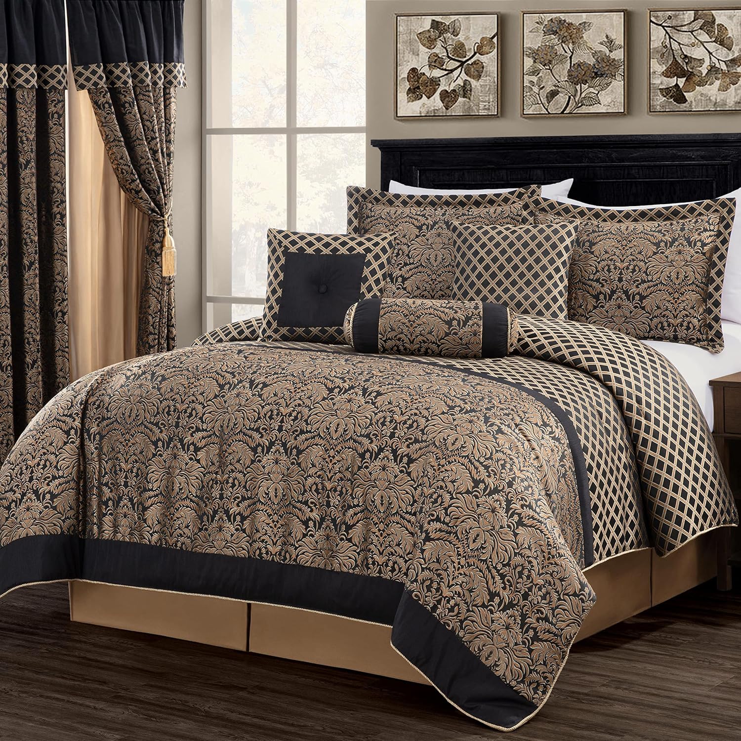 Chezmoi Collection Lisbon 7-Piece Jacquard Floral Comforter Set, Queen, Black/Gold