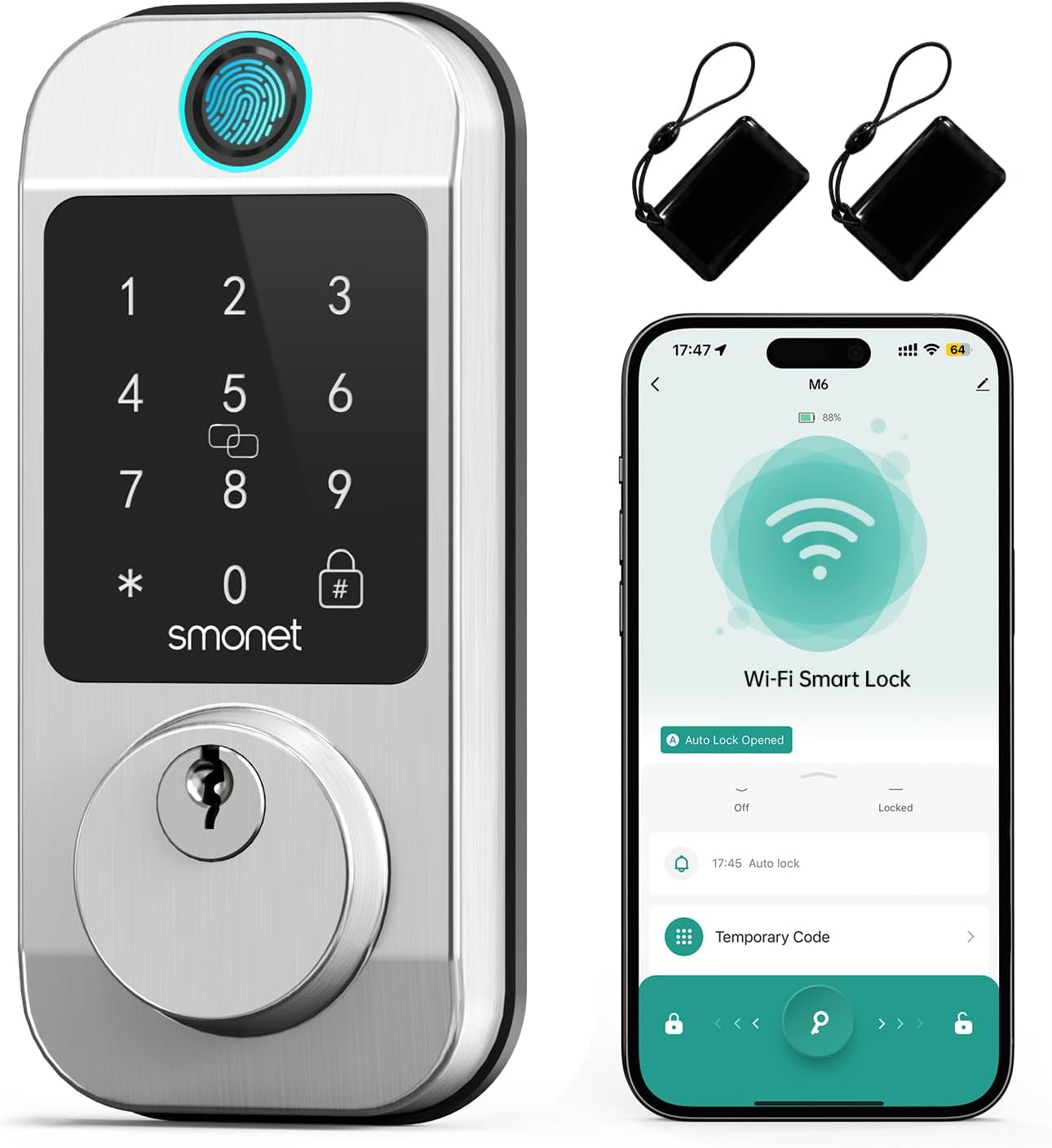 SMONET WiFi Deadbolt Smart Locks: Keyless Entry Smart Door Locks for Front Door, Fingerprint Keypad Deadbolt App Remote Control, Bluetooth Electronic Lock Work with Alexa/Auto-Lock/Code/Keyfobs