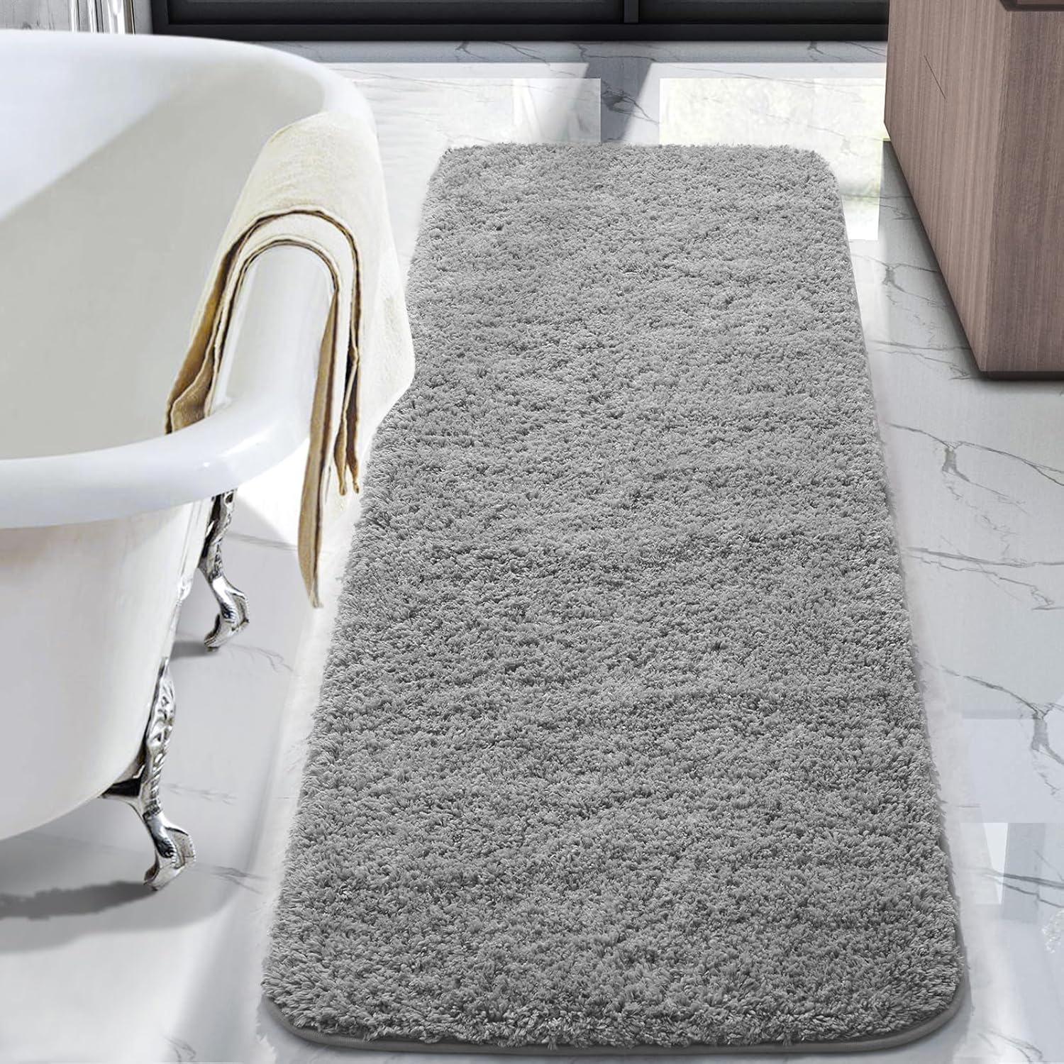 LOCHAS Bathroom Rug Runner 24x60 Inch, Soft Thick Absorbent Microfiber Bath Rugs for Bathroom, Machine Washable, Shaggy Plush Non Slip Bath Mat for Tub, Shower Floor, Quick Dry Mats, Grey