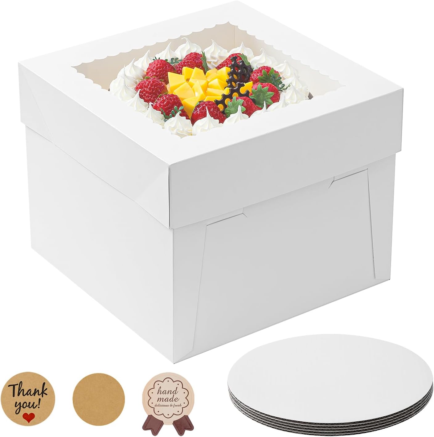 3 Pack Cake Boxes, 10x10x8 Inches Tall Cake Box with Cake Boards, White Bakery Boxes with Window, Disposable Cake Containers with Lids for Cake, Donuts, Pies, Cookies, Wedding, Birthday, Party