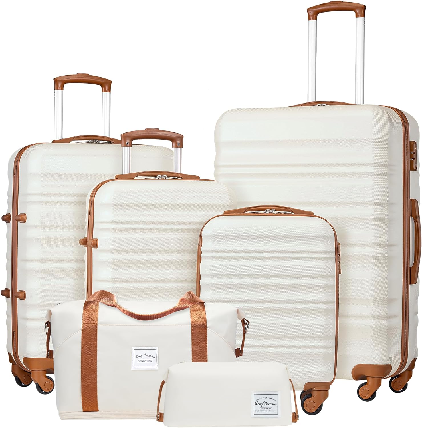 LONG VACATION Luggage Set 4 Piece Luggage Set ABS hardshell TSA Lock Spinner Wheels Luggage Carry on Suitcase (WHITE-BROWN, 6 piece set)