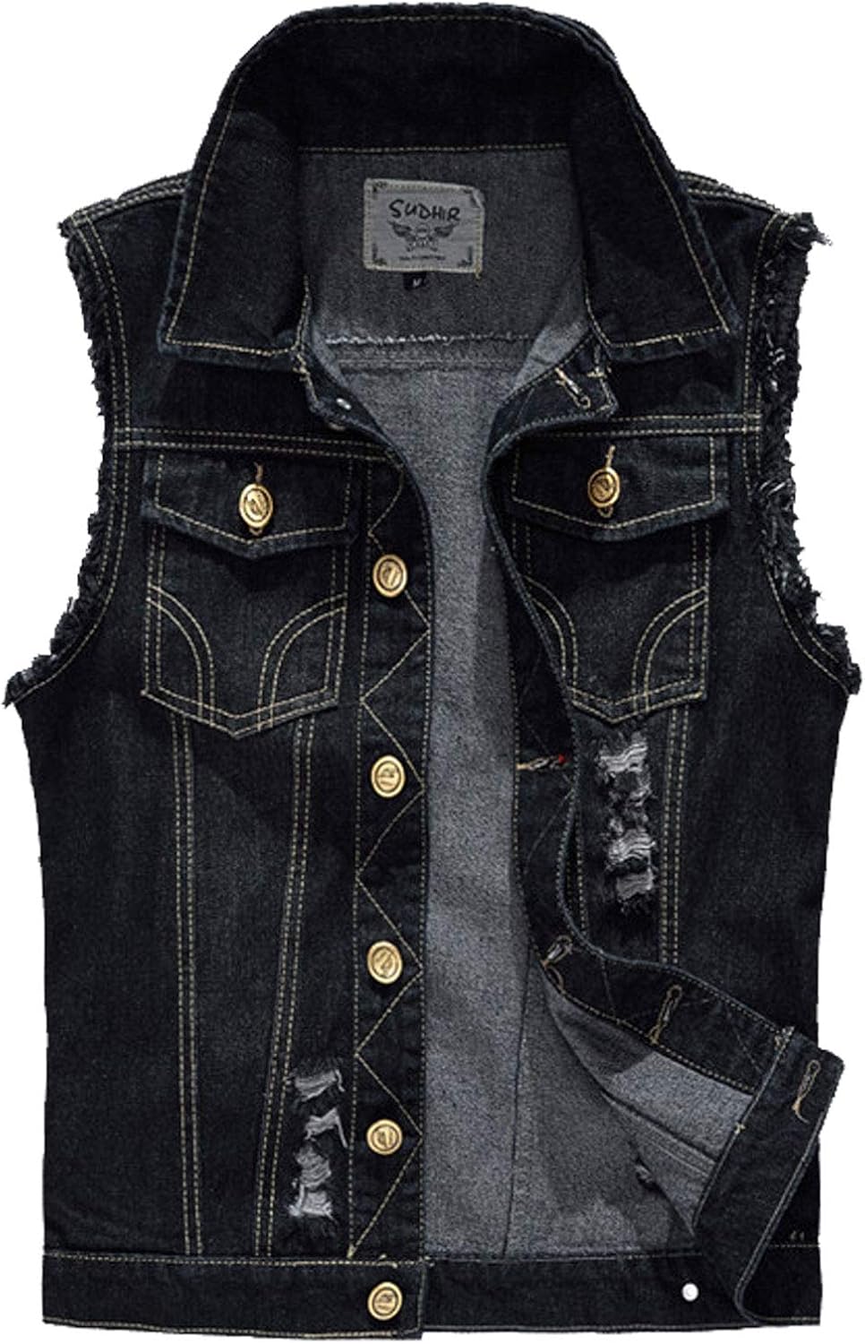 Flygo Men' Button Down Distressed Denim Vest Ripped Trucker Jean Outwear