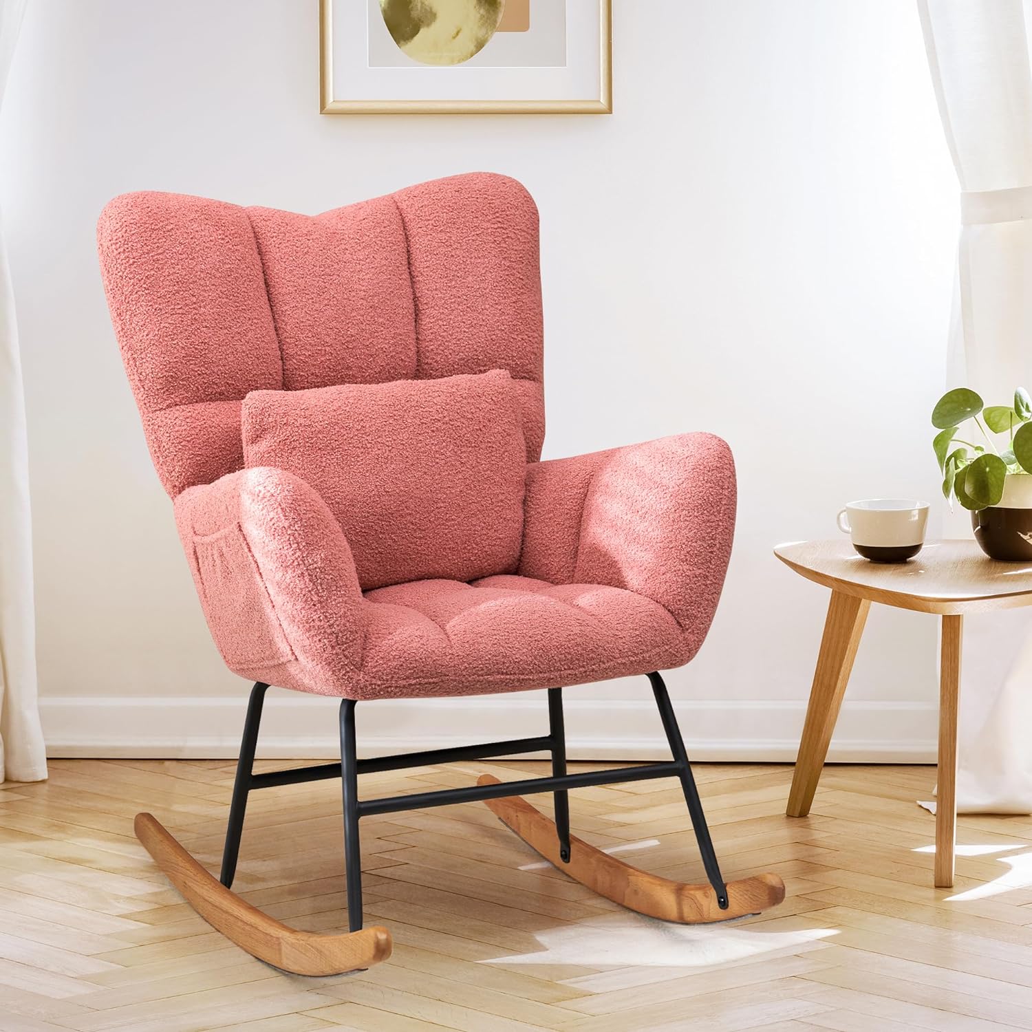 HABUTWAY Nursery Modern Accent Chair with Cushion, Teddy Fabric Rocker Glider Chair, Rocker Armchair with Solid Wood Legs & High Backrest, for Living Room, Bedroom, Balcony (Rose Pink)
