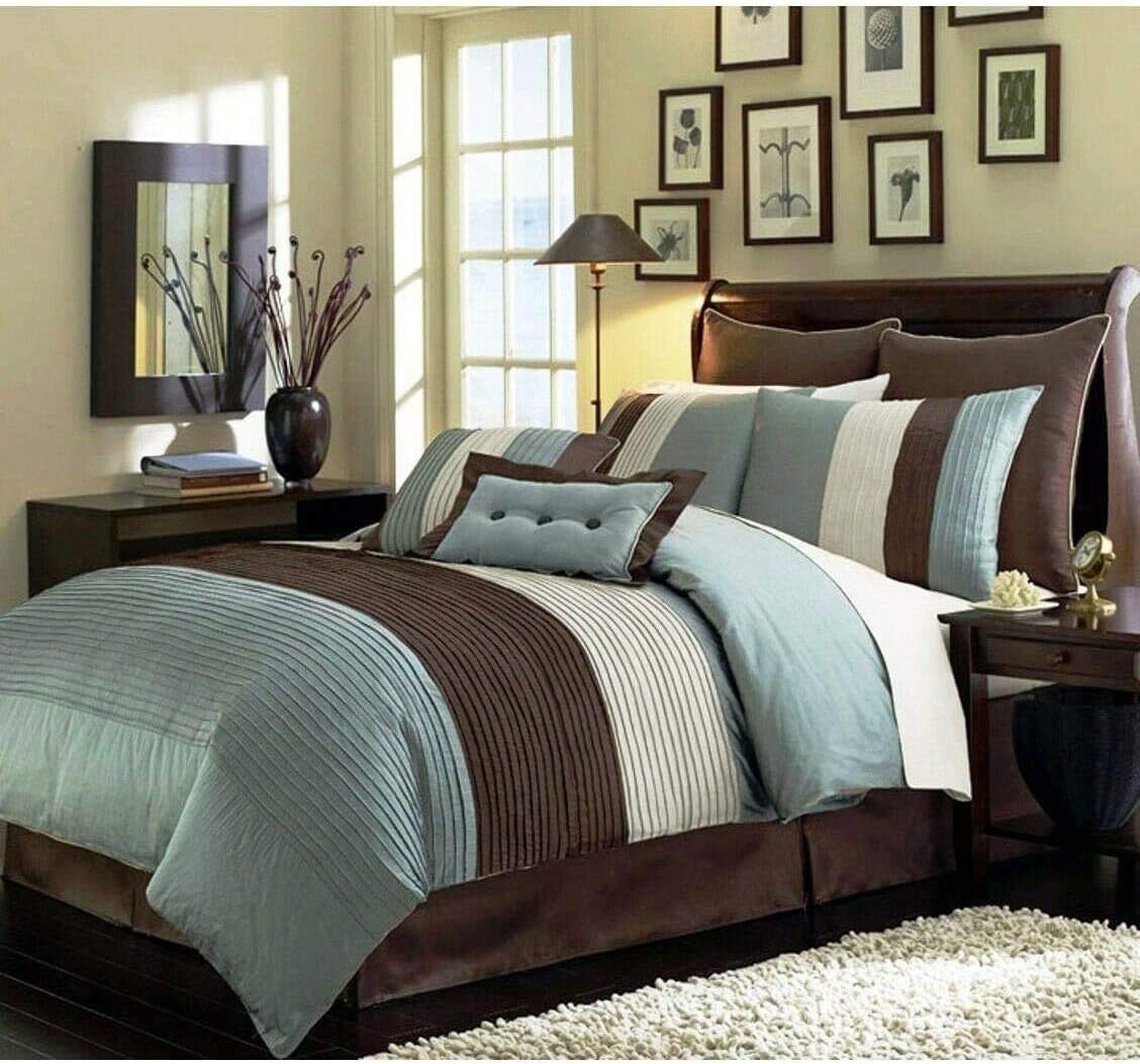 Chezmoi Collection 8-Piece Blue Brown Beige Pleated Stripe Comforter Set California King Bedding Set