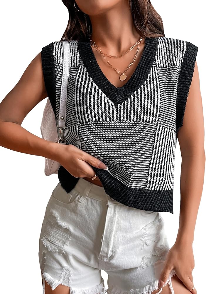 SOLY HUX Women's Sleeveless V Neck Sweater Vest Trendy Pullover Knitwear Tank Tops