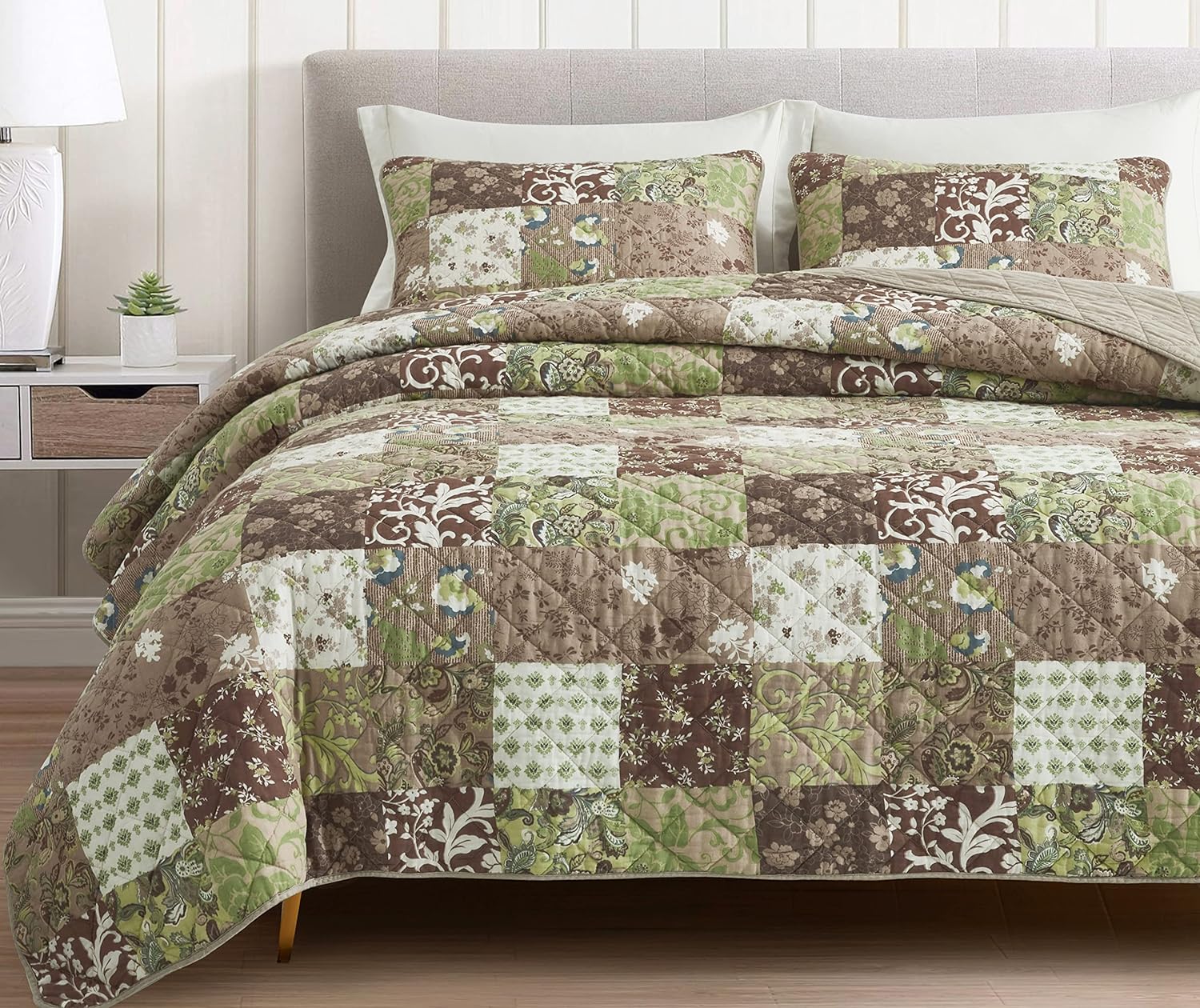 Chezmoi Collection Leilani 2-Piece Boho Washed Cotton Quilt Set Twin Size - Bohemian Quilted Bedding Brown Taupe Green White Floral Printed Patchwork Lightweight Bedspread Set for All Season