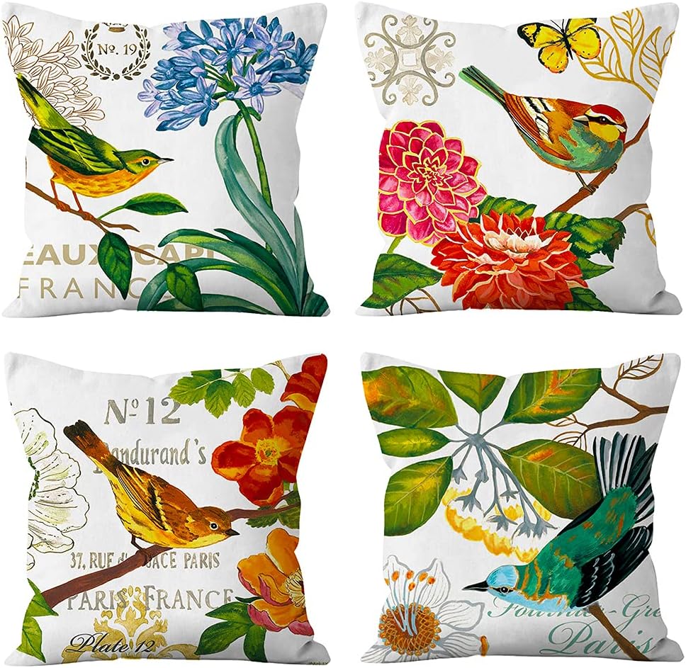 Bird and Flower Pattern Decorative Soft Throw Pillow Case Cushion Covers 18x18 inches Pack of 4 (Bird)