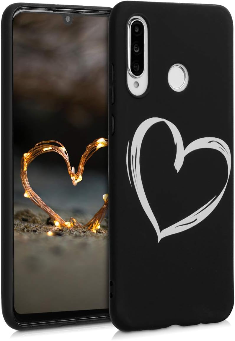 kwmobile TPU Silicone Case Compatible with Huawei P30 Lite - Case Soft Cover - Brushed Heart White/Black