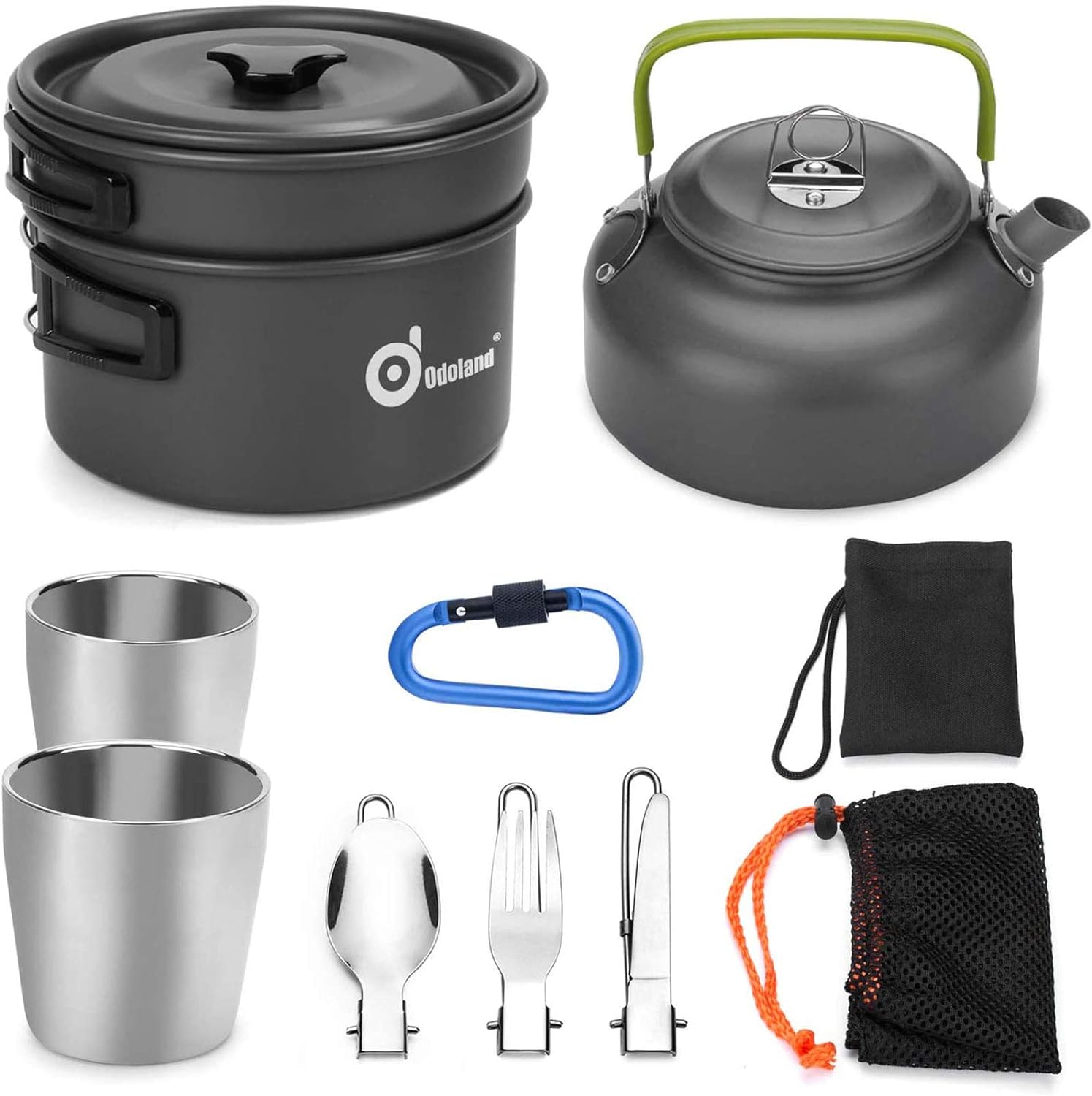 Odoland Camping Cookware Mess Kit, Lightweight Pot Pan Kettle with 2 Cups, Fork Spoon Kit Stainless Steel, gray for Backpacking, Outdoor Camping Hiking and Picnic