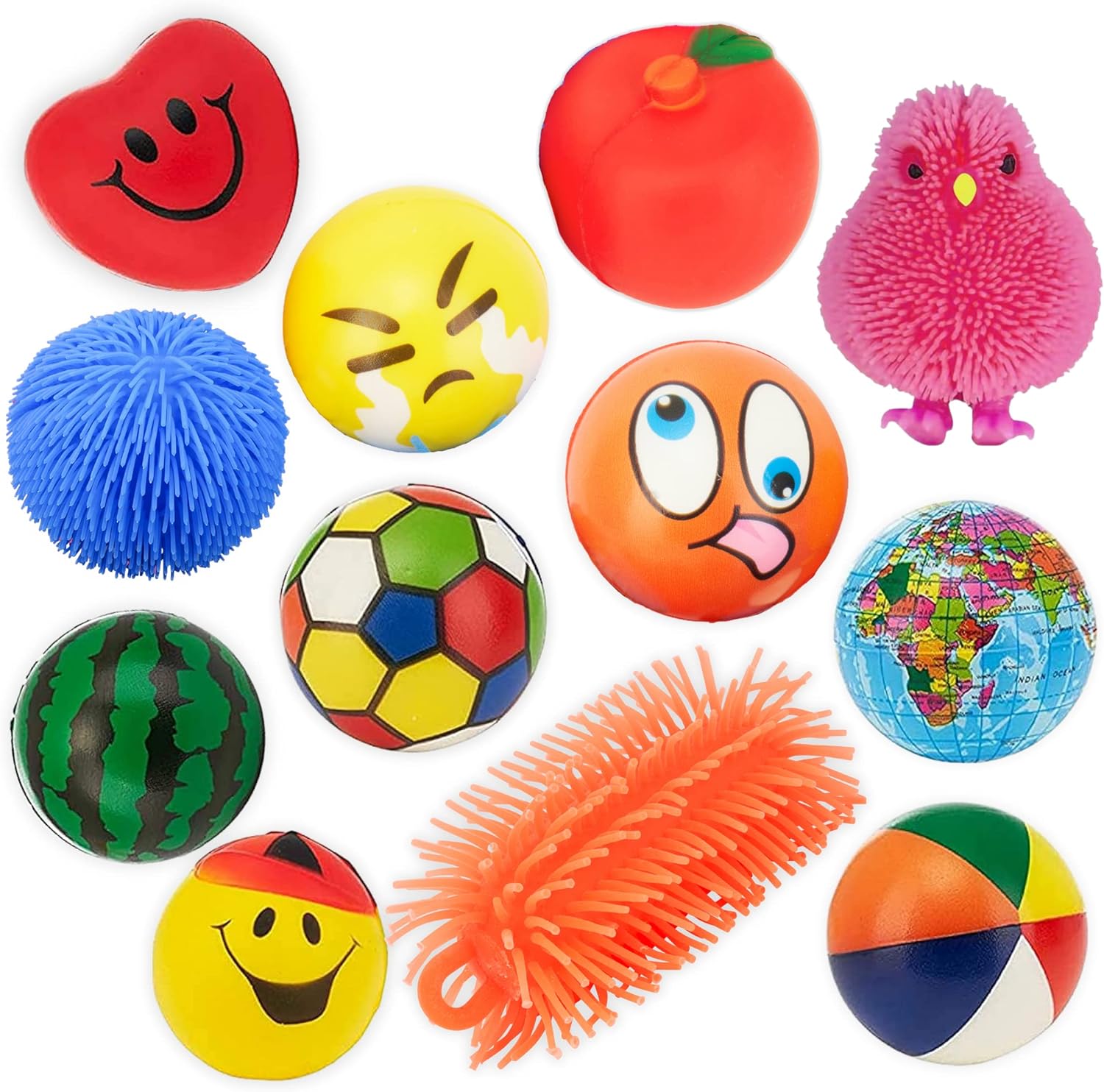 Neliblu 12 pcs Stress Balls for Kids and Adults, 6.5x6x3.2 inches - Bulk Anxiety Relief Toys - Set of Relaxing Sensory Squeeze Puffer Balls - Calming Fidget Squishy - Funny Small Spiky Squishies