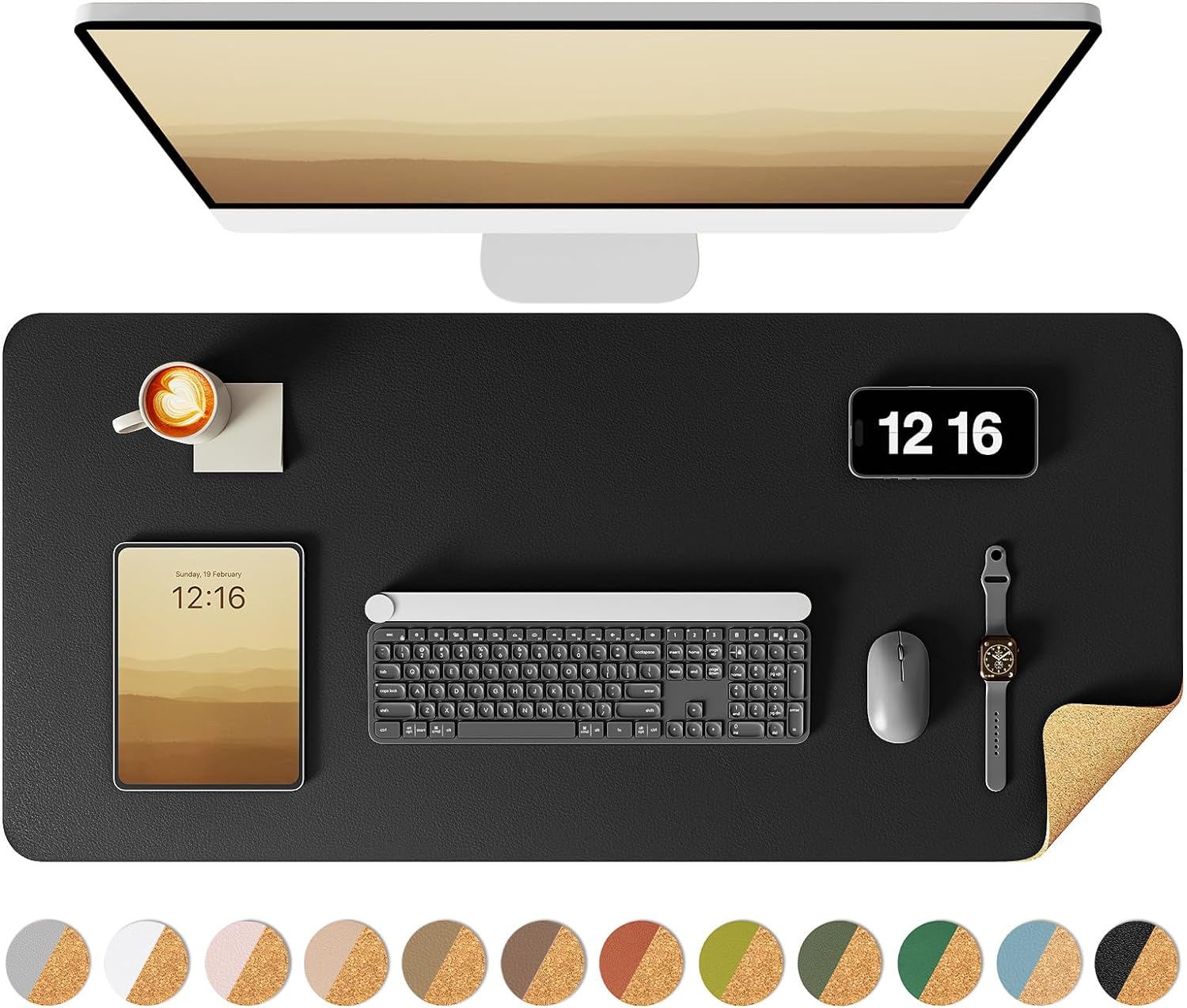 YSAGi Double-Sided Desk Pad, Leather Desk Mat, Eco Cork Desk Pad Protector, Large Mouse Pad for Desk, Waterproof Desk Blotter Pad, Desk Writing Pad for Office Work/Home(23.6"x13.7",Black+Cork)