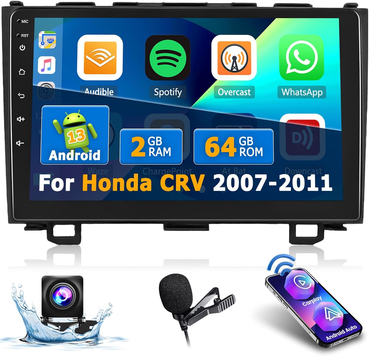 2 64GB Android 13 Car Stereo for Honda CRV 2007 2008 2009 2010 2011 Wireless Apple Carplay Android Auto, Hikity 9 Inch Touch Screen Radio Bluetooth Backup Camera WiFi SWC GPS Navigaion HiFi