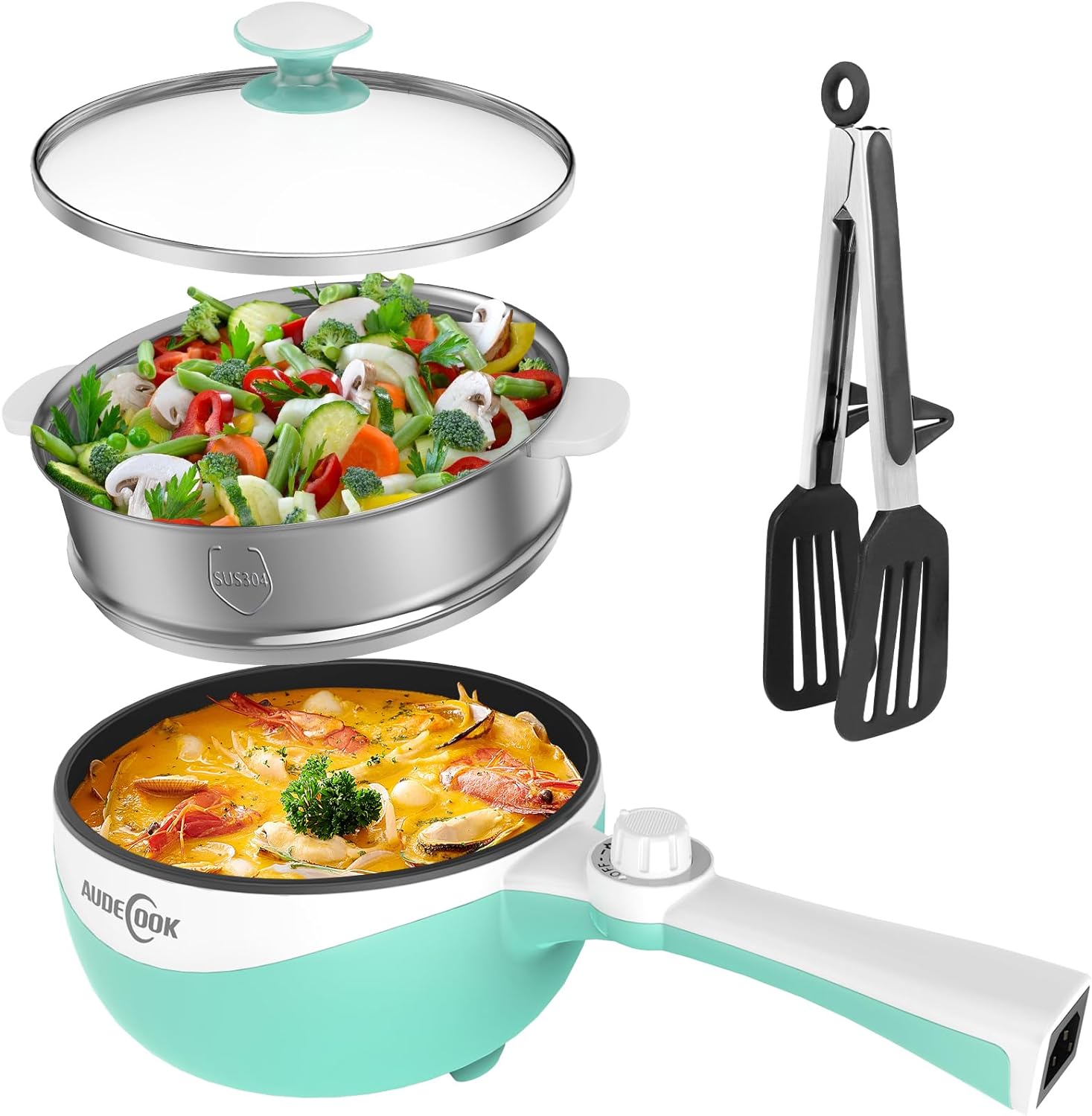 Audecook Hot Pot Electric with Steamer, 1.7L Mini Electric Skillet Portable Nonstick Sauté Pan with Power Adjustment, Rapid Ramen Cooker Travel Multicooker for Steak/Soup/Egg/Oatmeal/Noodles(Green)