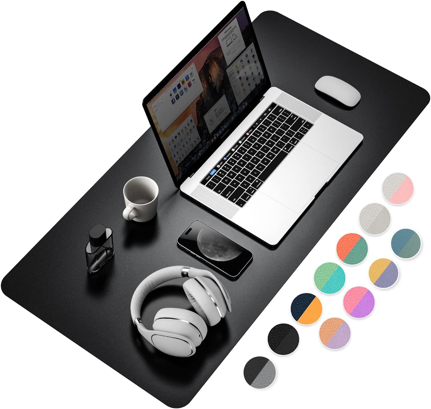 YSAGi Desk Mat, Desk Pad, Waterproof Desk Pad, 35.4" x 17" Laptop Leather Desk Pad Protector, Large Desk Blotter for Keyboard and Mouse, Desk Writing Pad for Office and Home (35.4" x 17", Black+Grey)