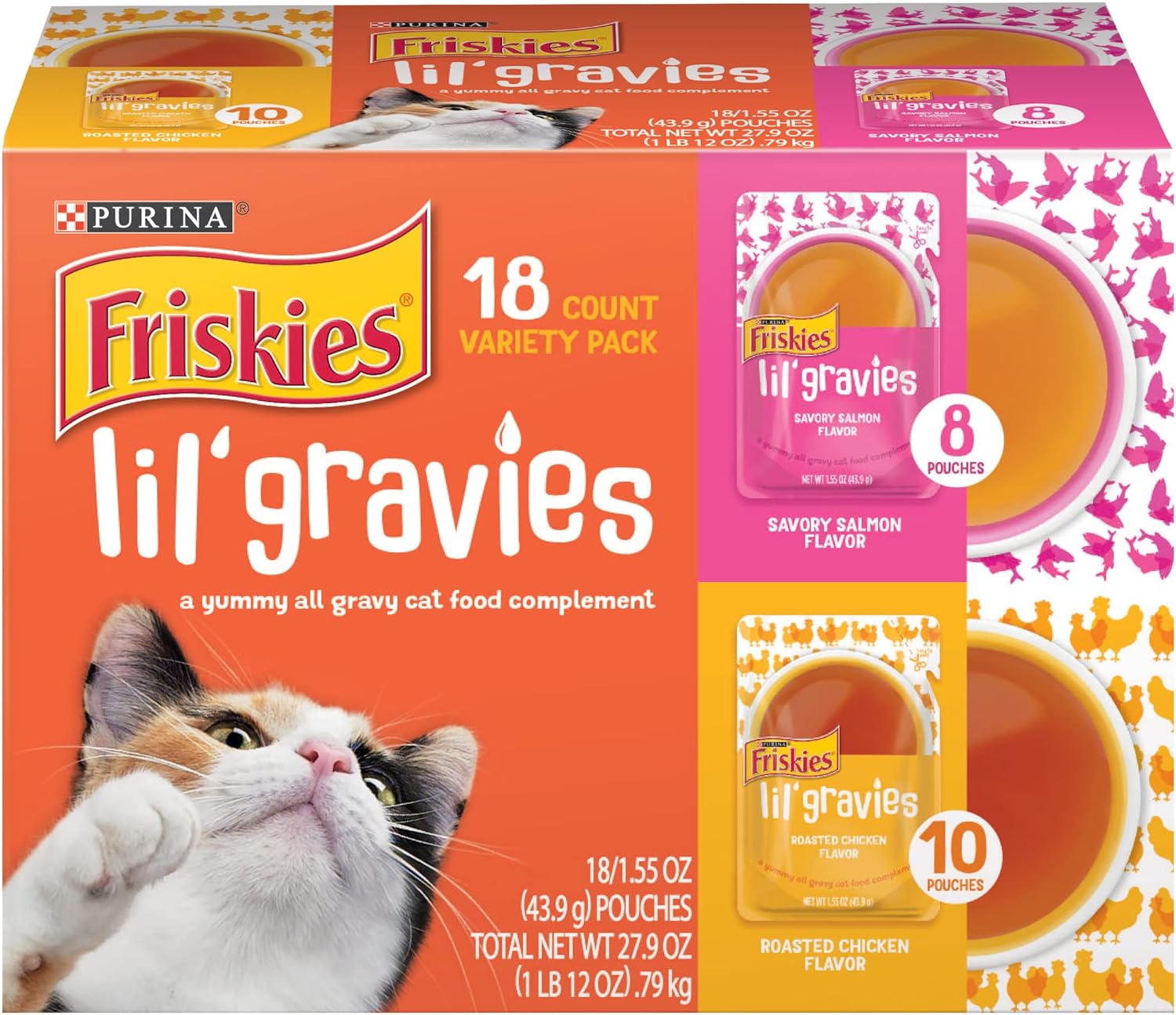 Purina Friskies Lil' Gravies Variety Pack With Chicken, Salmon, Turkey & Roast Beef Flavors Cat Food Complements Lickable Cat Treats - (Pack of 18) 1.55 oz. Pouches