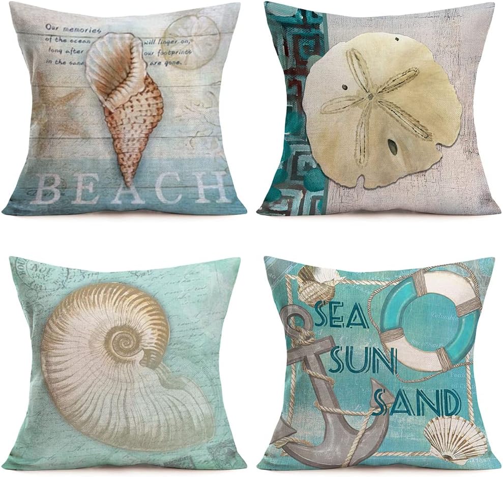 4Pack Ocean Theme Pillow Covers Beach Coastal Conch Coral Boat Anchor Sea Urchin Decor Cotton Linen Outdoor Cushions Seashell Throw Pillow Covers for Couch, Sofa, Bed(18X18Inch, OB-Sea)