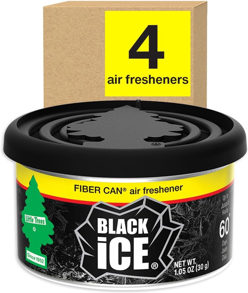 LITTLE TREES Car Air Freshener. Fiber Can Provides a Long-Lasting Scent for Auto or Home. Adjustable Lid for Desired Strength. Black Ice, 4 Air Fresheners , 1.05 Ounce (Pack of 4)