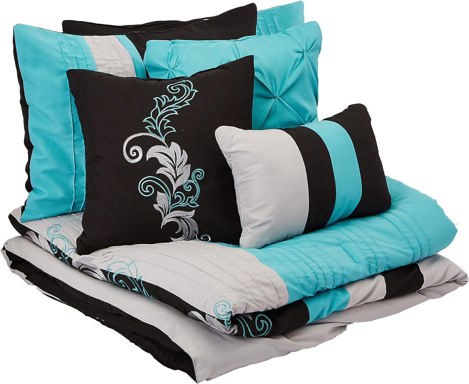 Chezmoi Collection Napa 7-Piece Luxury Leaves Scroll Embroidery Bedding Comforter Set (Queen, Teal/Gray/Black)