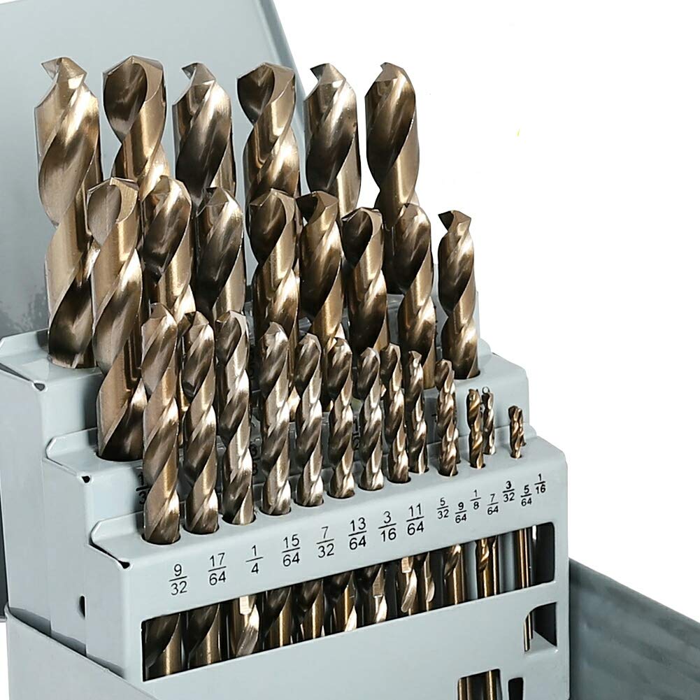 COMOWARE Cobalt Drill Bit Set- 29Pcs M35 High Speed Steel Twist Jobber Length for Hardened Metal, Stainless Steel, Cast Iron and Wood Plastic with Metal Indexed Storage Case, 1/16-1/2