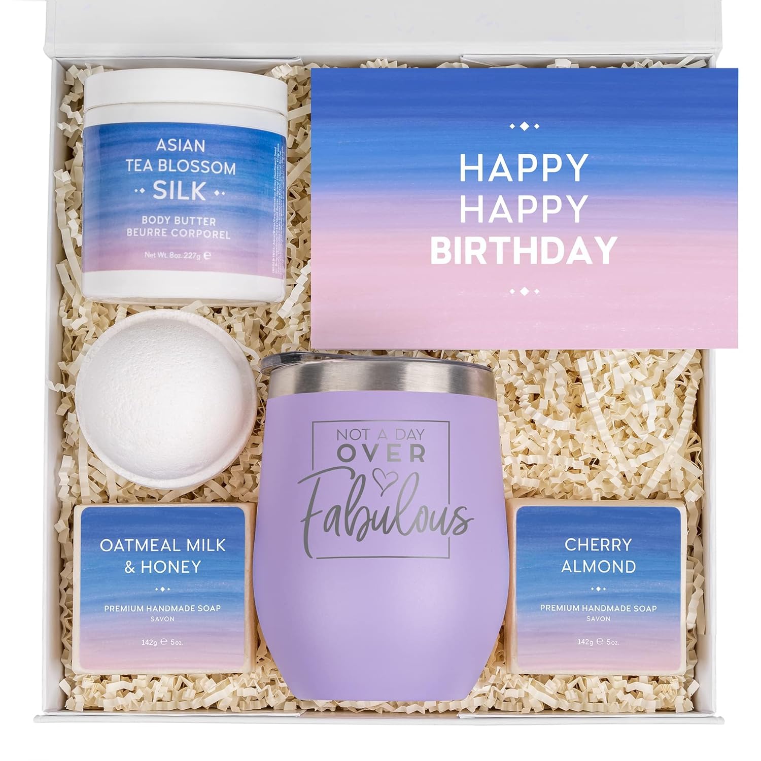 Birthday Gifts for Women - Relaxing Spa Gift Box Basket - Bday Gifts Set Lilac Tumbler - Basket Care Package Present for Her Birthday