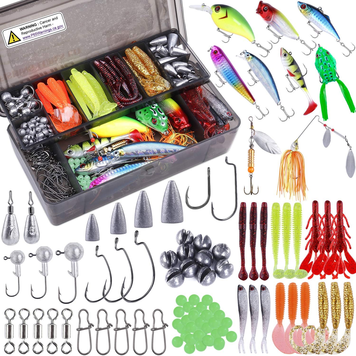 PLUSINNO 253/387pcs Fishing Accessories Kit, Fishing Tackle Box with Tackle Included, Fishing Hooks, Fishing Weights Sinkers, Spinner Blade, Fishing Gear for Bass, Bluegill, Crappie, Fishing