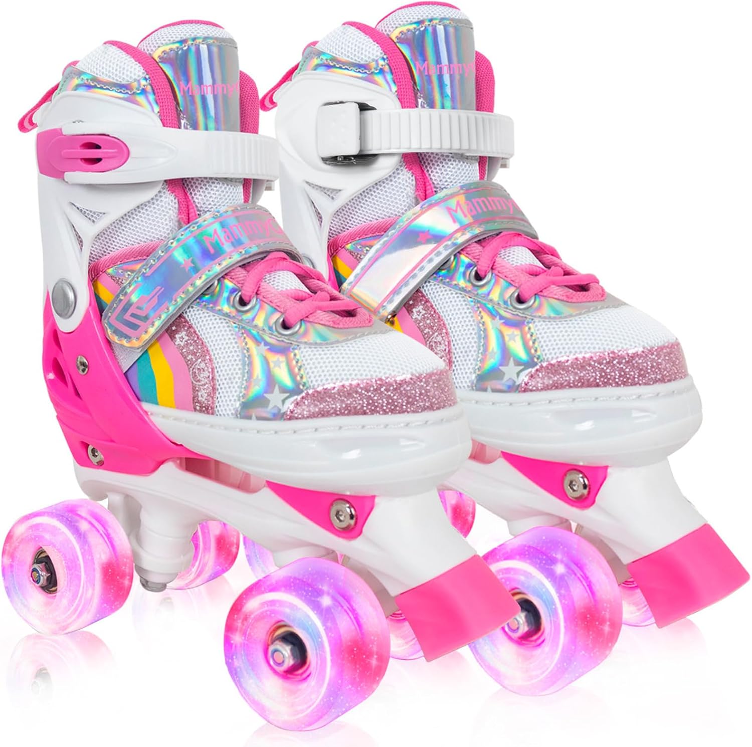 MammyGol Roller Skates for Girls Kids, 4 Size Adjustable Rainbow Quad Skates with All Light Up Wheels for Toddlers Boys Outdoor Indoor