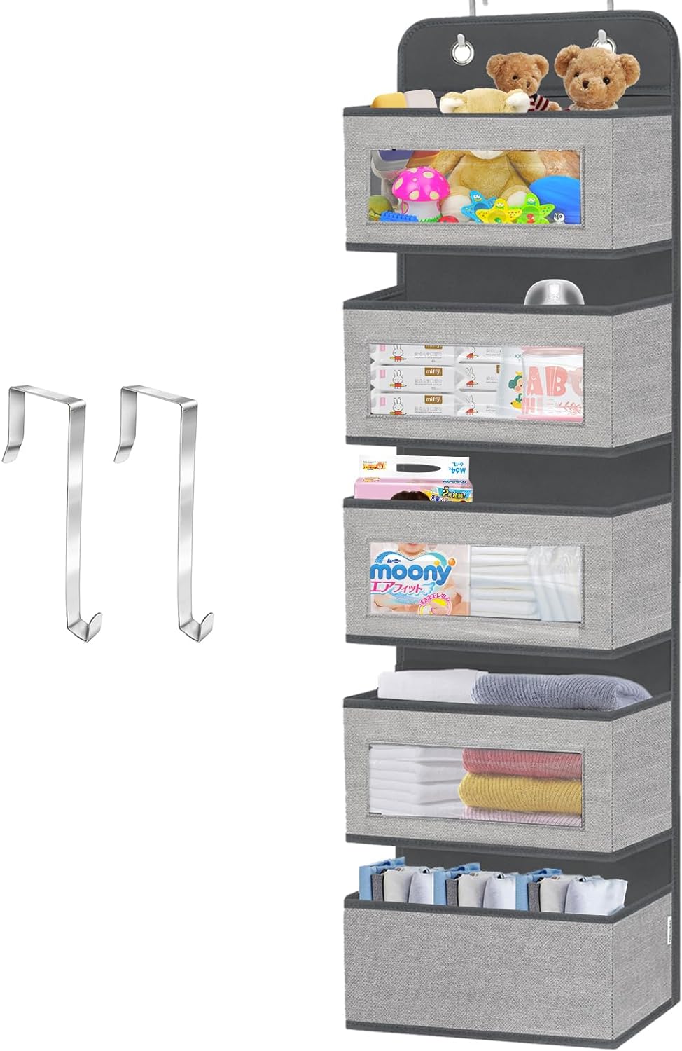 VERONLY Over Door Hanging Organizer storage with 5 Pockets, Wall Mount Storage with Clear Windows, 2 Widened Metal Hooks Behind Door Storage Organizer for Pantry, Nursery, Diapers, Closet, Dorm