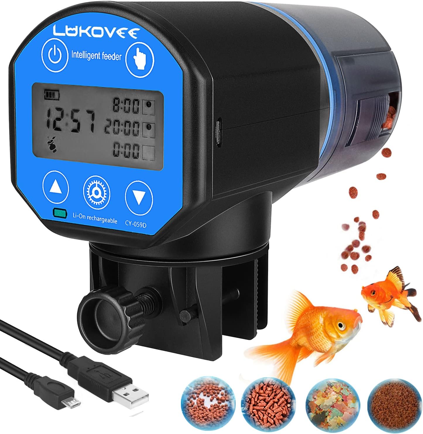 Lukovee Automatic Fish Feeder,New Generation Feeding Time Display USB Rechargeable Timer Moisture-Proof Aquarium or Fish Tank Food Dispenser with 200ML Large Capacity for Vacation Weekend Holiday,Blue