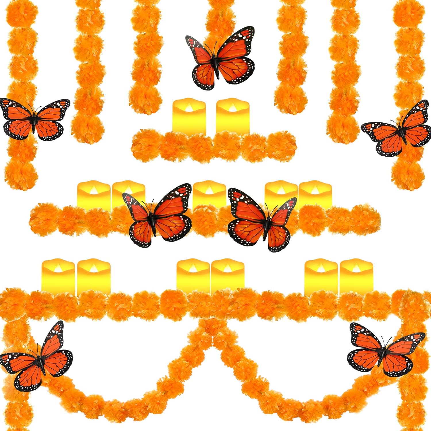 20 Pcs Day of The Dead Decorations Set 2 Artificial Marigold Garlands 6 Monarch Butterfly Decorations for Dia De Los Muertos Diwali Decor 12 Flameless Votive Candles Electric LED Candle (Orange)