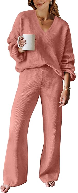 ANRABESS Women' Two Piece Outfits Sweater Sets Long Sleeve V Neck Knit Pullover and Wide Leg Pants Sweatsuit Lounge Set