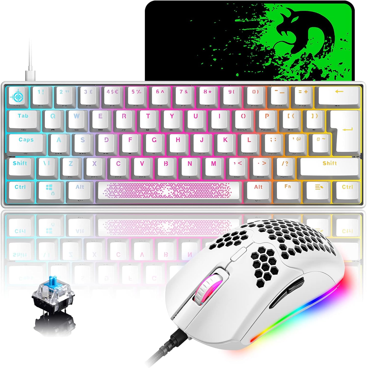 Mechanical Mini RGB Gaming Keyboard and Mouse Combo with Compact 62Key Layout Rainbow Backlight Anti-ghosting 6400DPI Honeycomb Mice Type-C Wired for PC Mac Gamer Laptop Typists DIY(White/Blue Switch)