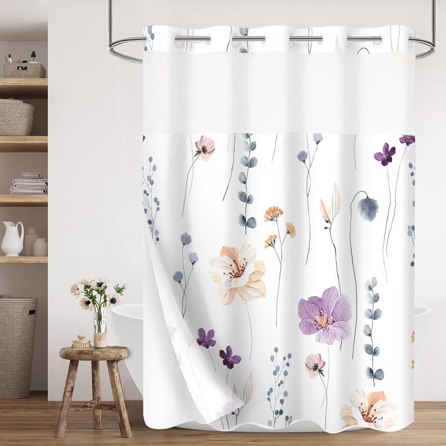 Gibelle No Hook Floral Shower Curtain with Snap-in Fabric Liner Set for Bathroom, Hotel Style Purple Beige Modern Flower Shower Curtain with See Through Top Window, Waterproof & Washable, 72x74