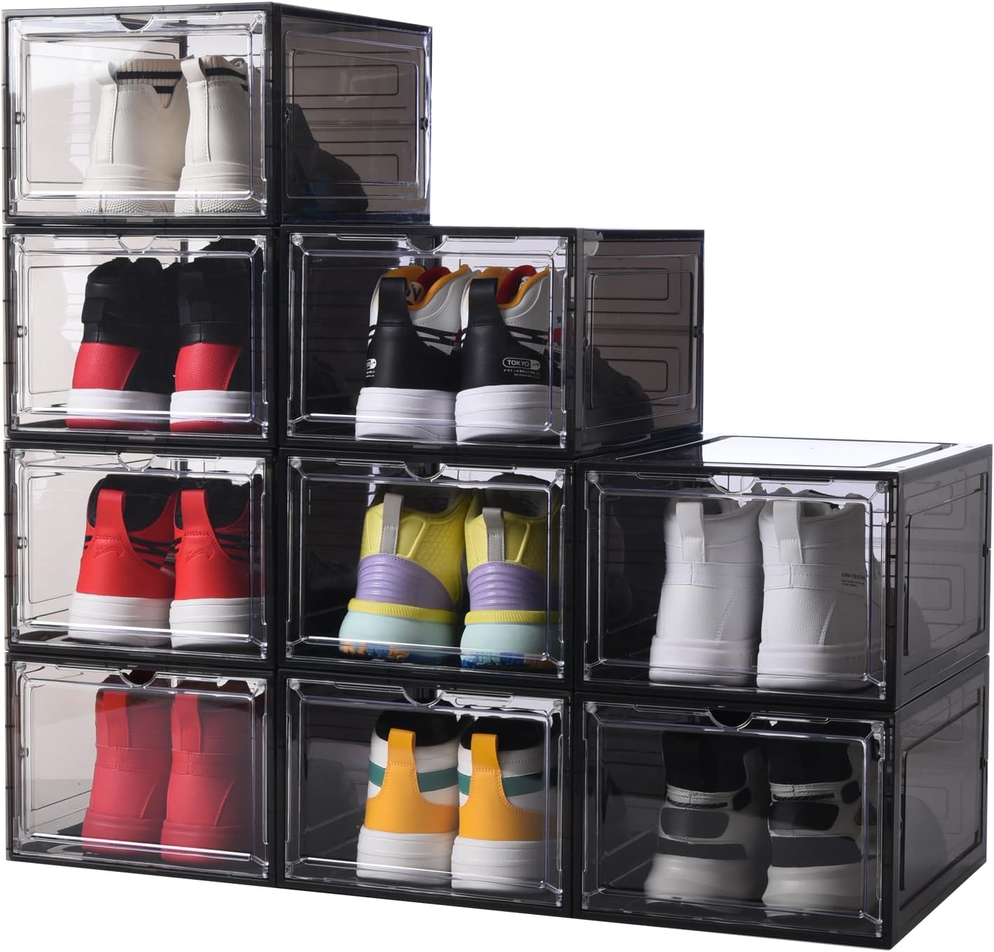 8 Pack Shoe Boxes Clear Plastic Stackable,Drop Front Shoe Storage Boxes with Door,Large Shoe Containers for Sneakers Storage Display Fit US Size 12(13.4x 10.6x 7.5) Black