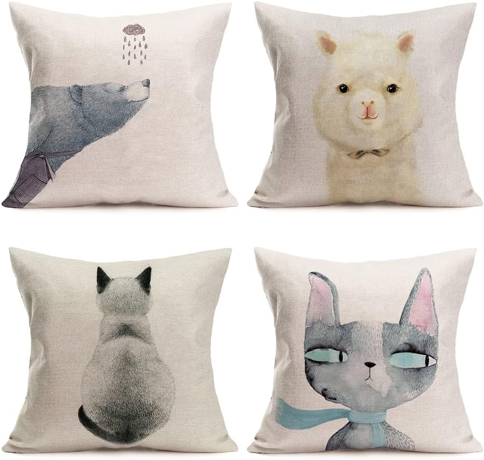 Asmiifor 4Pcs Cute Cartoon Animals Pillow Covers Watercolor Cotton Linen Adorable Bear Alpacas Cats Kittens Pillow Covers Throw Covers Cushion Cover Pillowcase Decor Home(18X18Inch, CC-Animal)