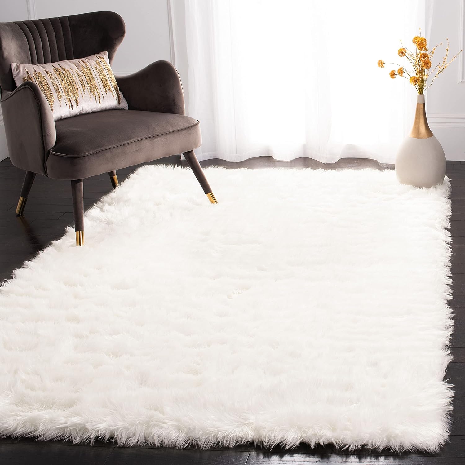 SAFAVIEH Faux Sheep Skin Collection 3' x 5' Ivory FSS235A Silken Glam 2.35-inch Thick Area Rug