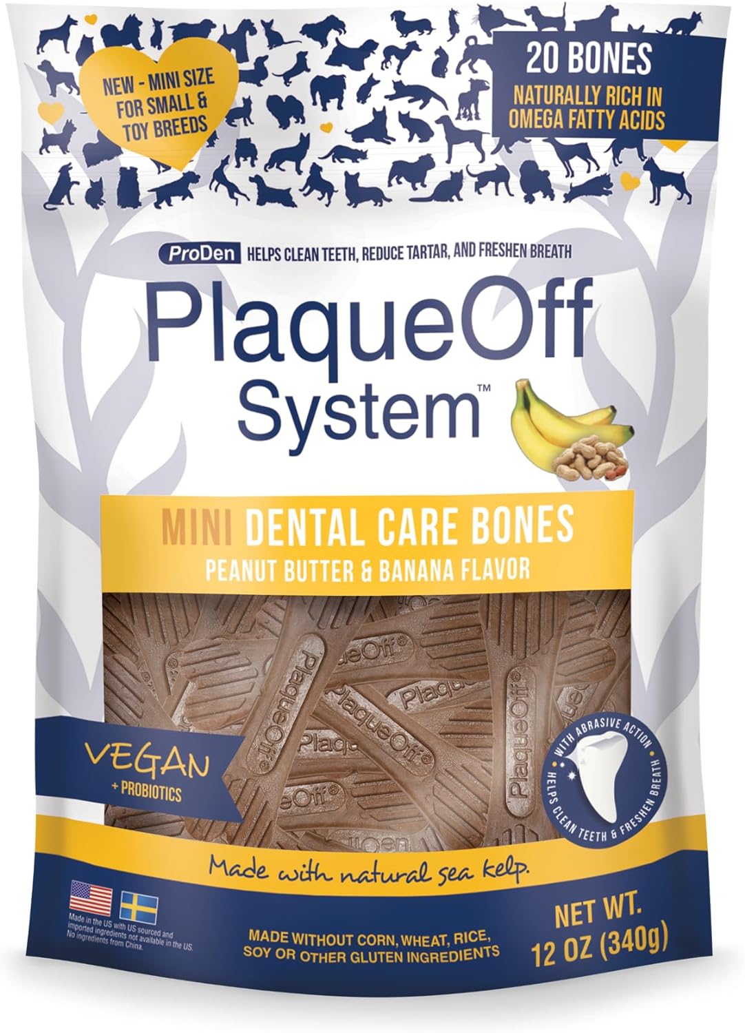 Proden PlaqueOff Sytem Mini Dental Care Bones - Peanut Butter Banana - 12 oz, Brown