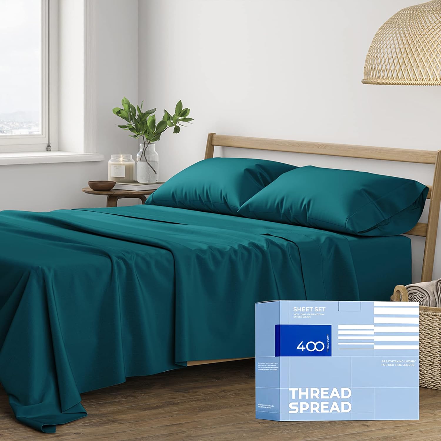 THREAD SPREAD 100% Cotton Sheets for Queen Size Bed - 400 Thread Count 4 Piece Cotton Sheet Set - Ultra Soft, Breathable Cooling Sheets - Deep Pocket Queen Bed Sheets - Sateen Weave Bedsheet (Teal)