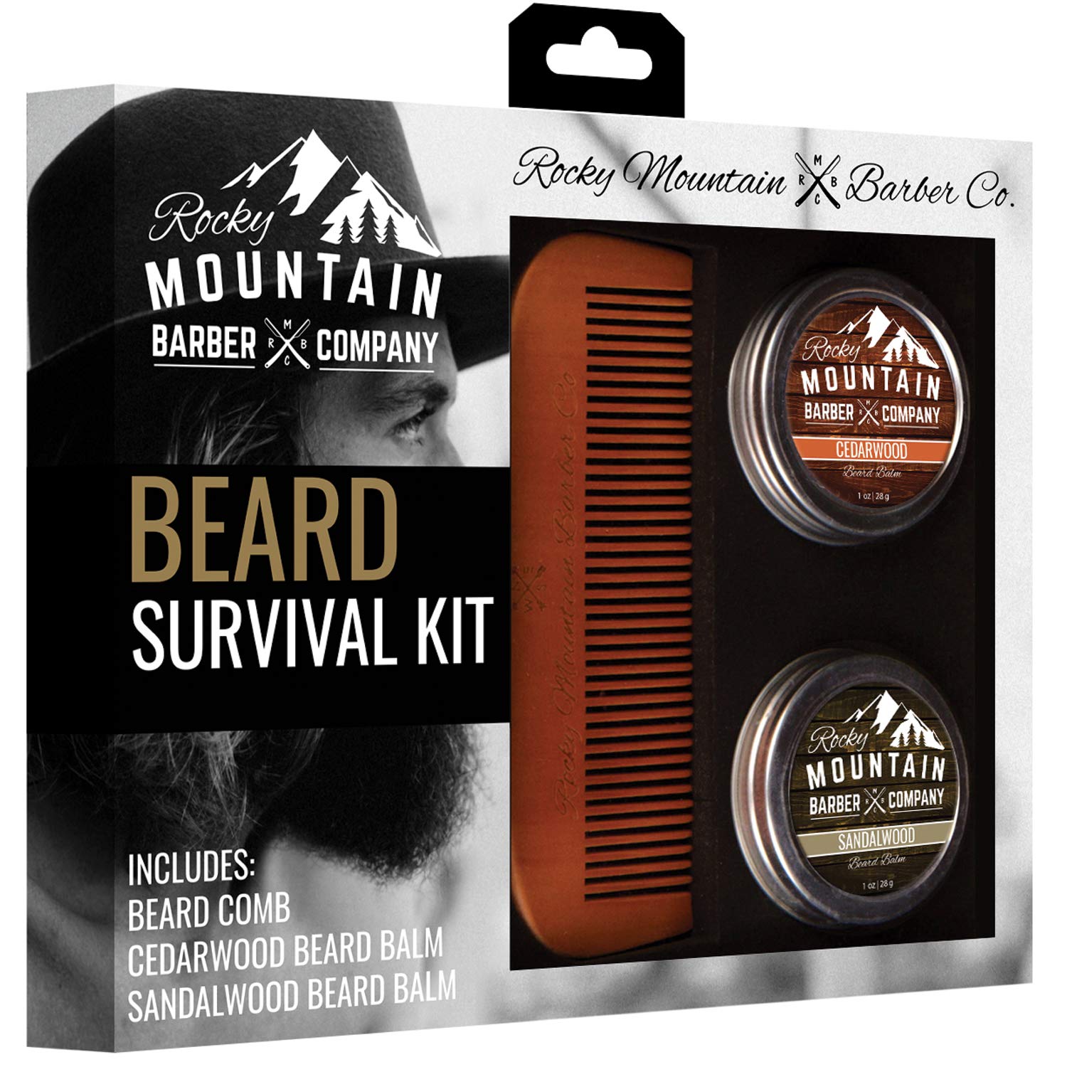 Rocky Mountain Barber Company Beard Gift Set - All-In-One Beard Care Kit with Wooden Beard/Hair Comb and Two Beard Balms (Cedarwood and Sandalwood - 1oz) - Packaged in Gift Box