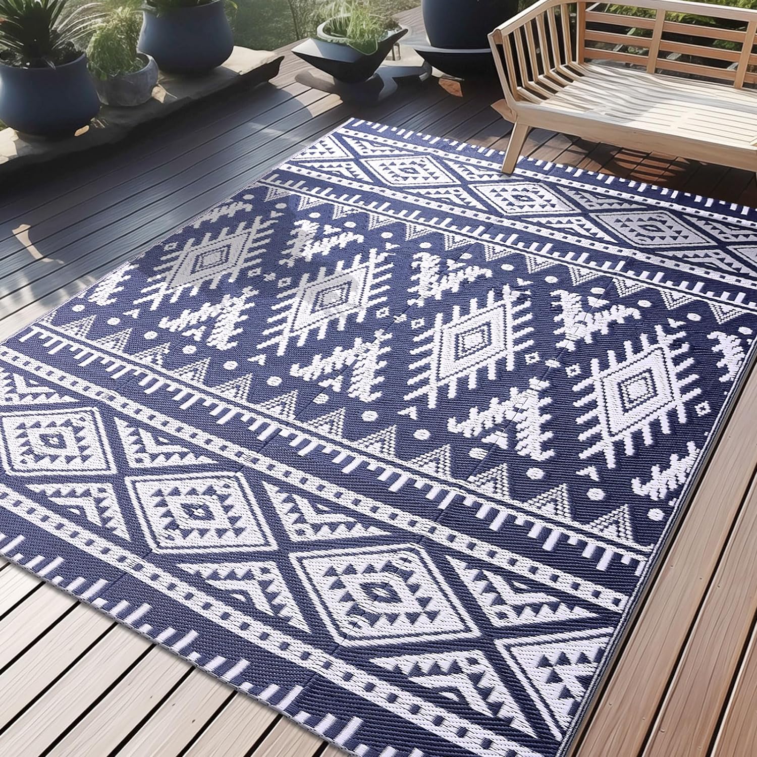 OLANLY Outdoor Rug Waterproof 5x8 ft, Reversible Outdoor Plastic Straw Rug, Boho Patio Rug, Indoor Outdoor Carpet, RV Mat Outside for Patio, Camp, Picnic, Balcony, Deck, Backyard, Navy & White