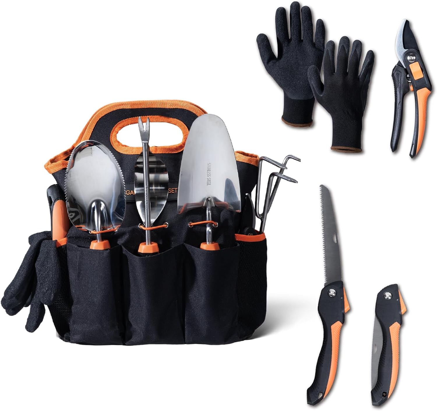 8-Piece Large Garden Tool Set 304 Stainless Steel Garden Tool Kit with Handbag,Pruning Shears,Gloves Heavy Duty Gardening Hand Tools with Non-Slip Rubber Grip,Ideal Gifts for Women & Men Orange