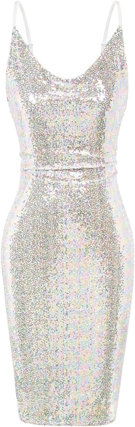 GRACE KARIN Women' Sexy Sequin Sparkly Glitter Cowl Neck Dresses Spaghetti Straps Bodycon Midi Club Party Dress