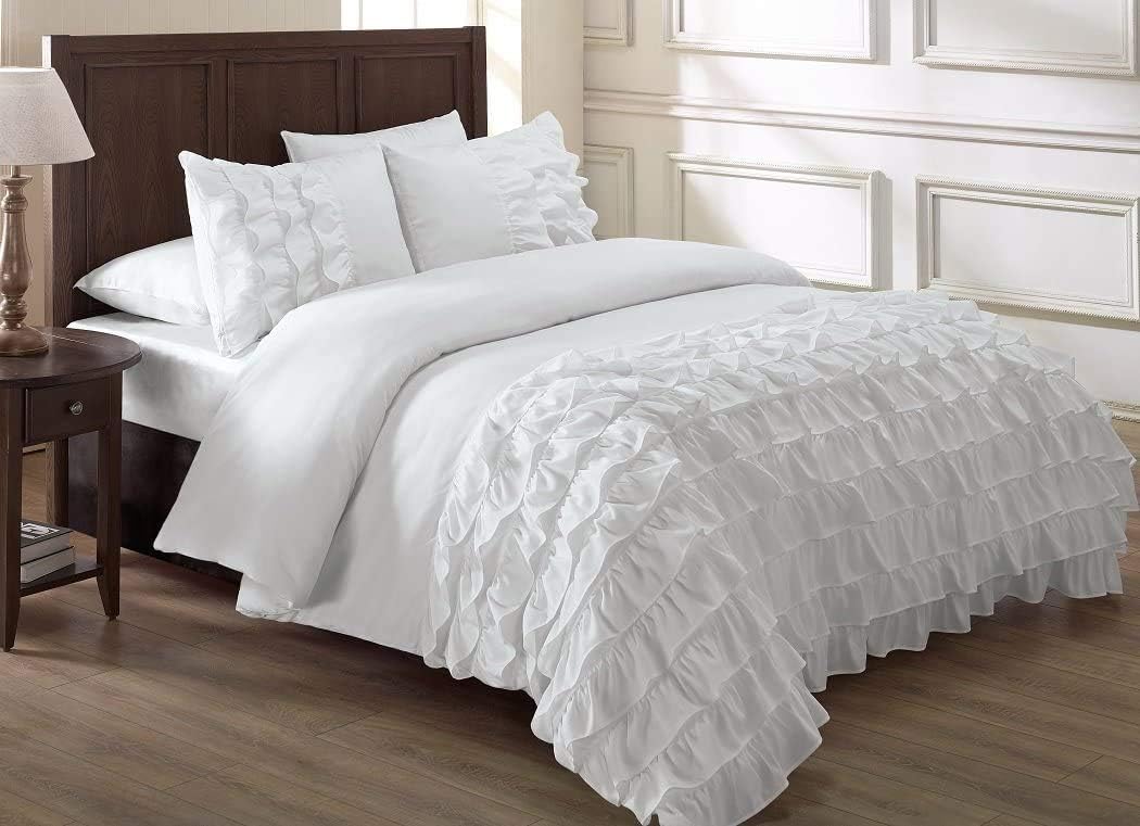 Chezmoi Collection Ella 3-Piece Waterfall Ruffle Comforter Set (Queen, White)