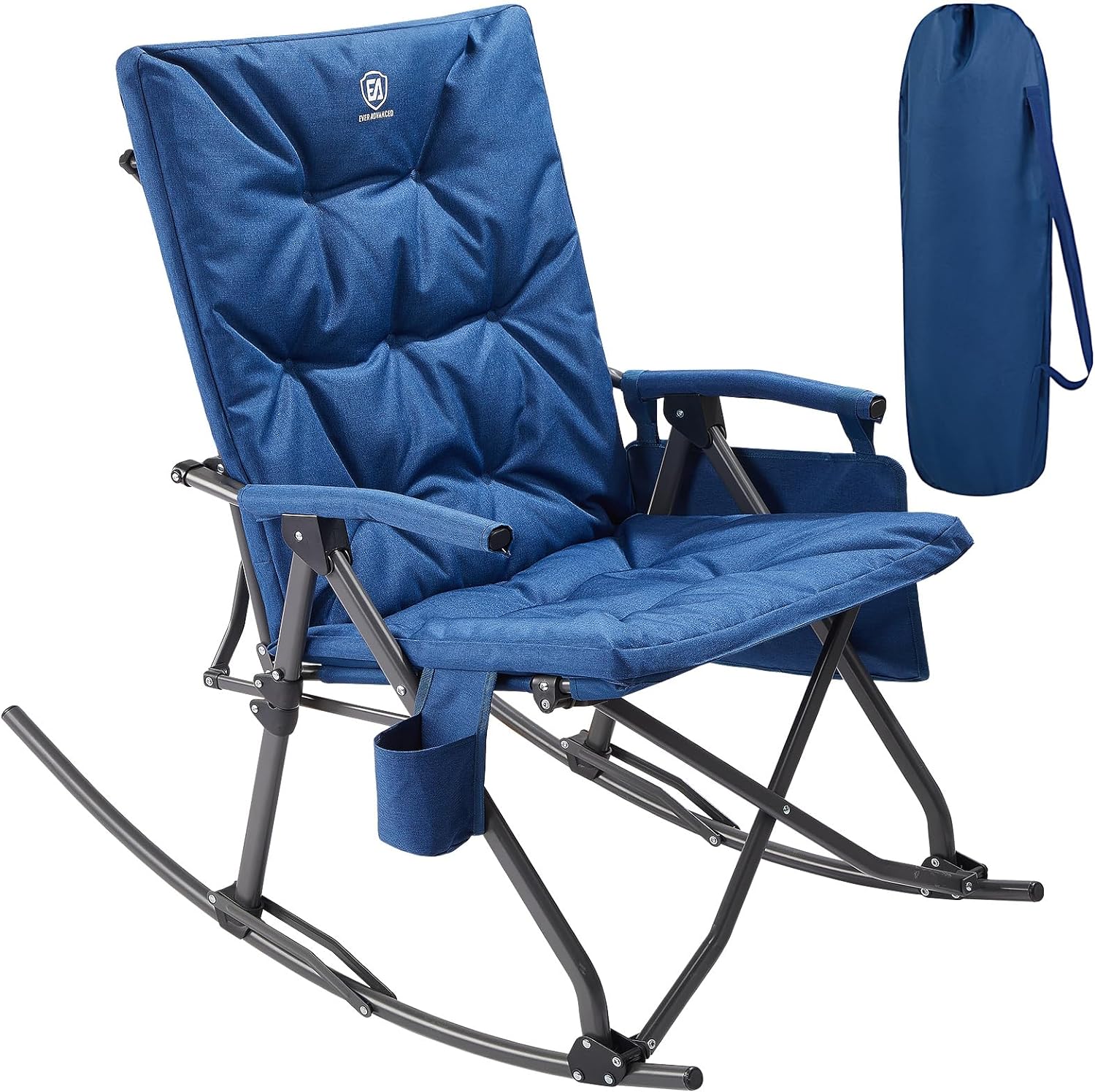 EVER ADVANCED Oversized Folding Rocking Camping Chair, Padded Portable Rocker Chair for Patio, Lawn and Outdoors, Heavy Duty Hard Armchair for Adults Supports 400lbs, Blue