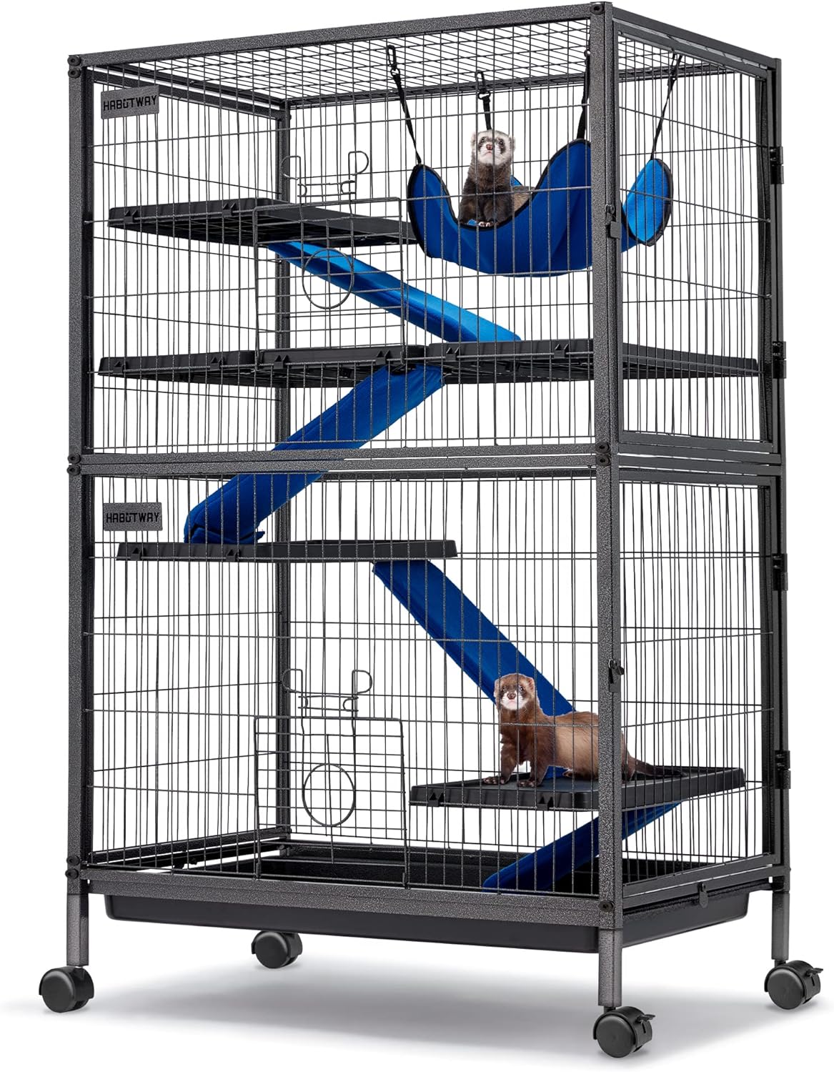 HABUTWAY 50''H Metal Small Animal Cages, Rolling Chinchilla Cage with Removable Ramps, Lagre Critter Nation Cage for Chinchillas/Guinea Pigs/Rabbit, Ferret Cages with Hammock & 5 Tiers, Black