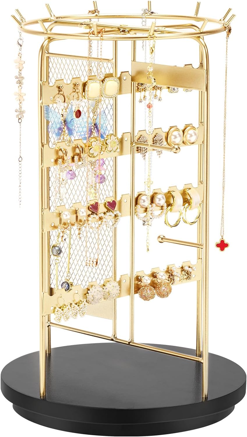 Homde 360 Rotating Jewelry Stand | Hold up to 100 Pairs of Earrings and 34 Necklaces | Jewelry Tower Tree Earring Necklace Bracelet Display Organizer for Women Girls (Black + Gold)