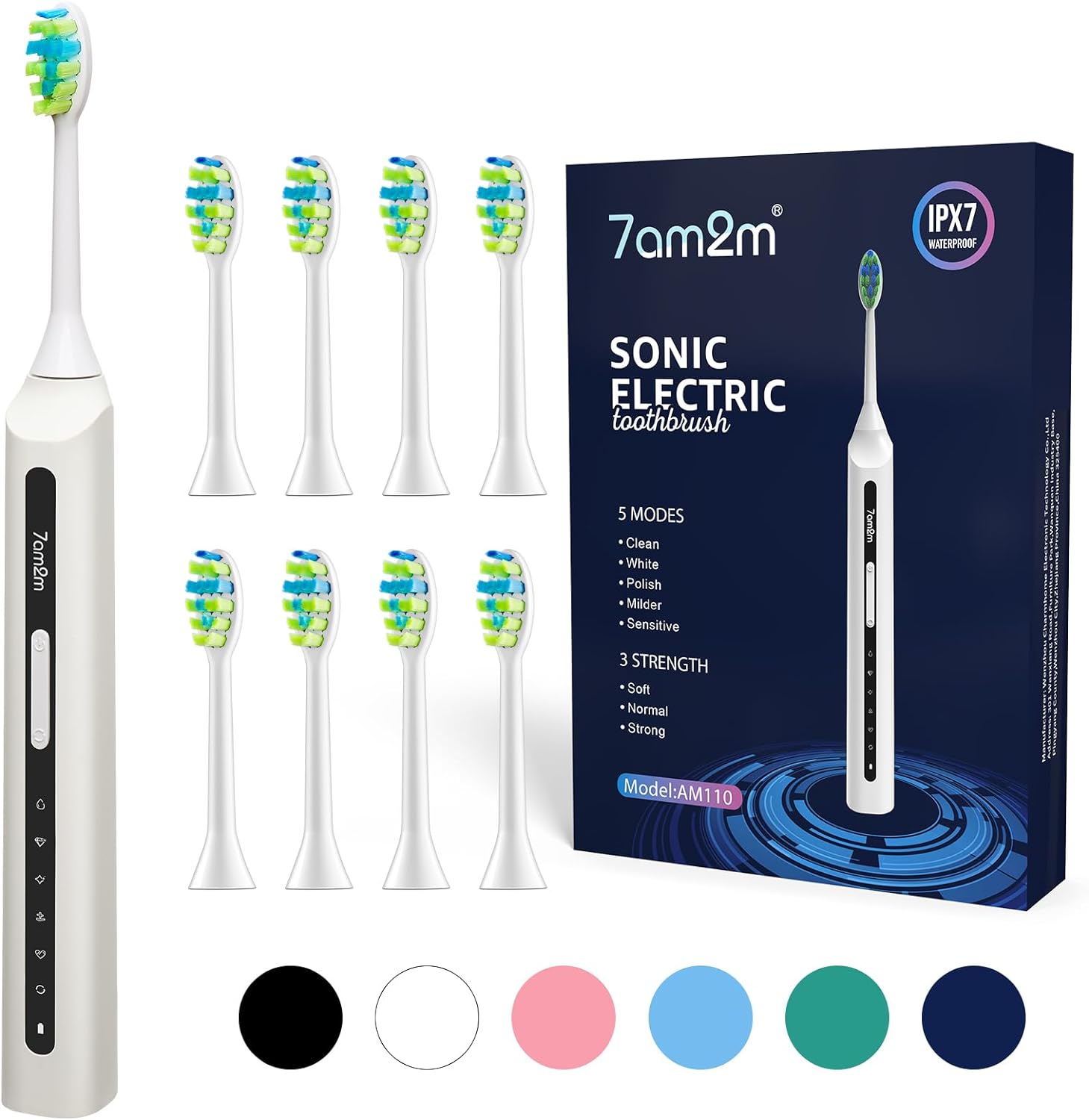 7AM2M Sonic Electric Toothbrush, High Power Rechargeable Toothbrushes, with 8 Brush Heads for Adults and Kids, 15 Adjustable Modes, Built-in 2-Minute Smart Timer, 4 Hours Fast Charge(White)