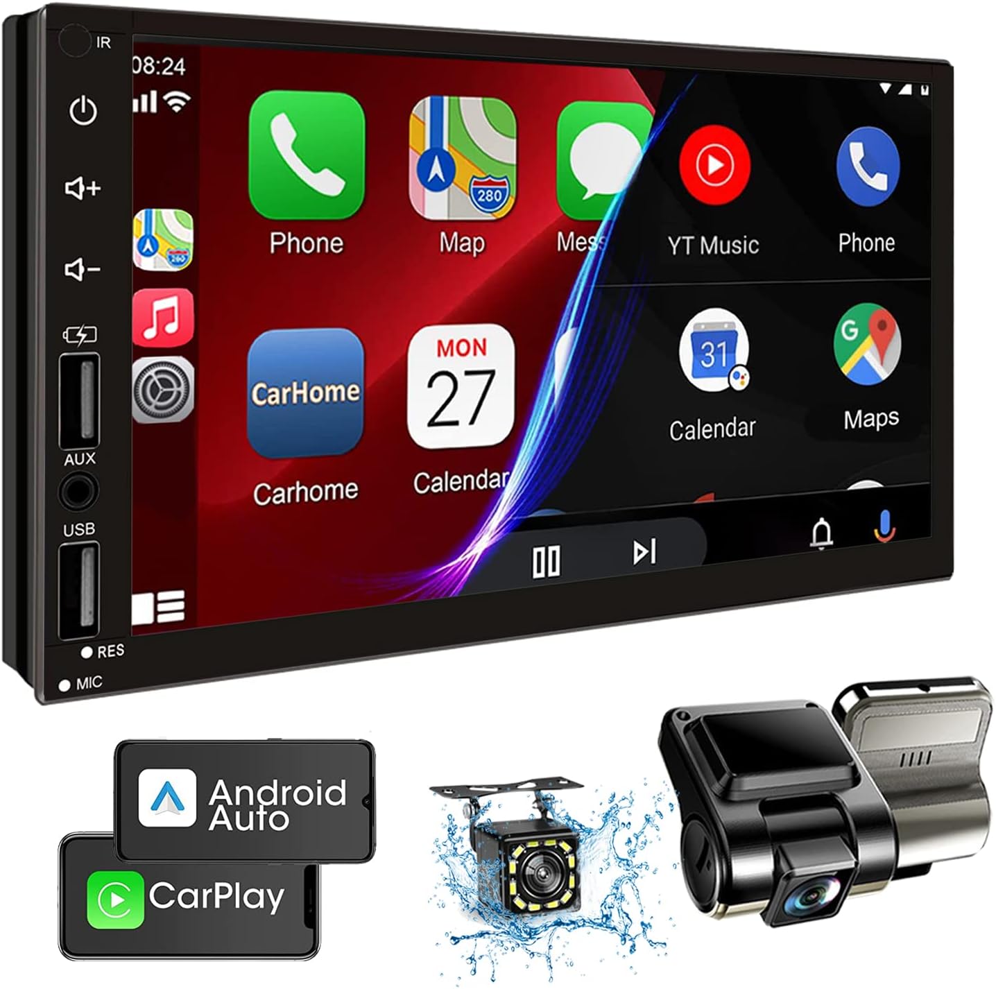 Leadfan Double Din Car Stereo with Dash Cam, Support Apple Carplay and Android Auto, 7INCH Full HD Touchscreen Car Audio Receivers Double Din Radio with Bluetooth, Camera, FM/2 USB/AUX/Subwoofer/SWC